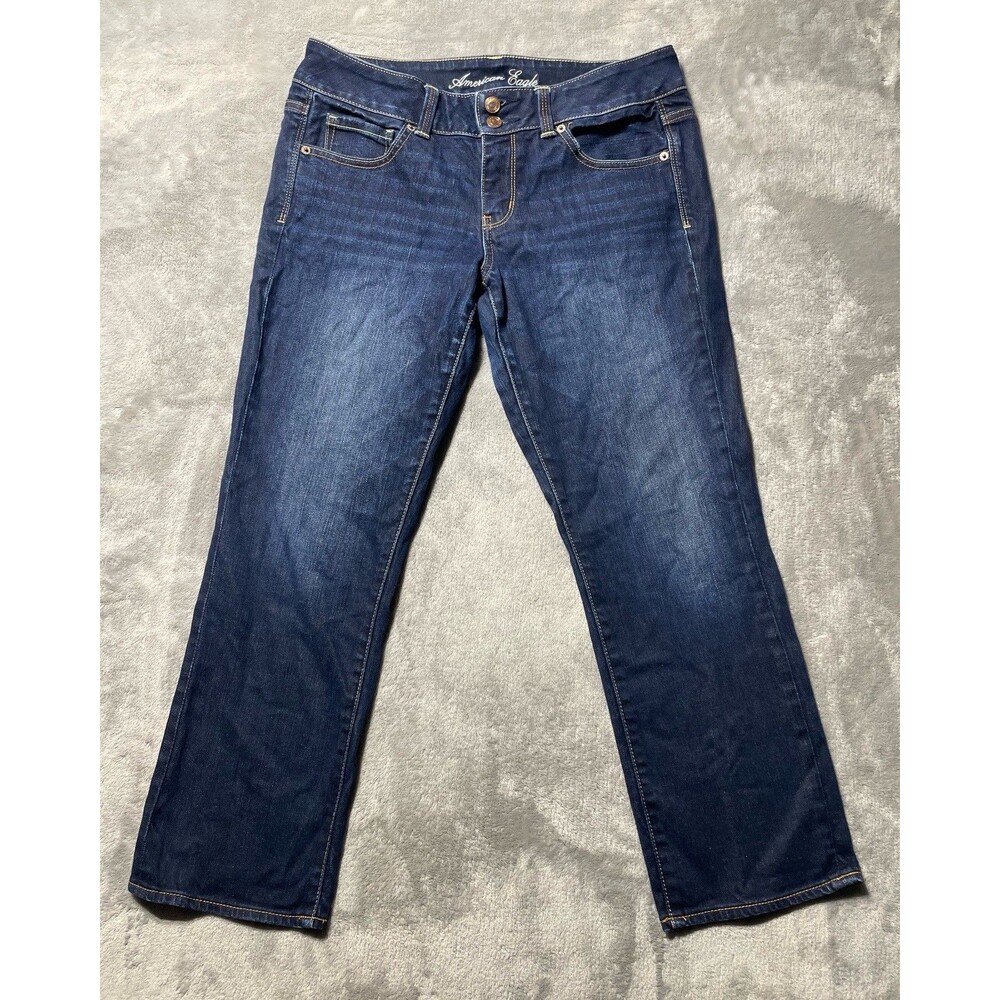 American Eagle Jeans Women's Dark Wash Size 10 Stretch Straight Leg Distressed